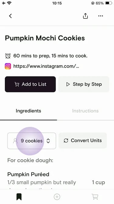 Recipe detail with the servings button highlighted on the Ingredients tab