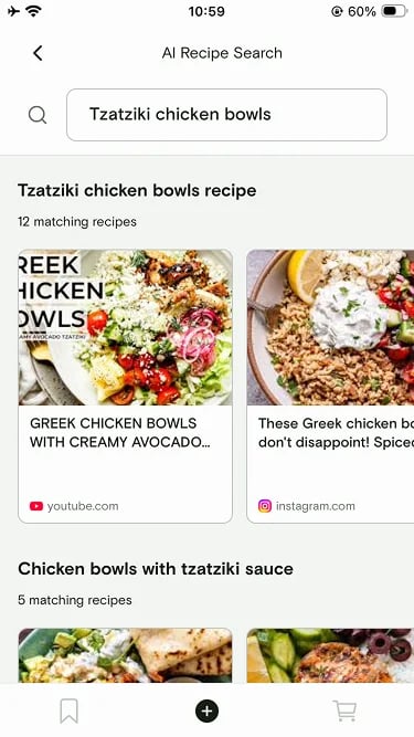 AI Recipe Search results for Tzatziki chicken bowls with matching recipe cards from YouTube and Instagram