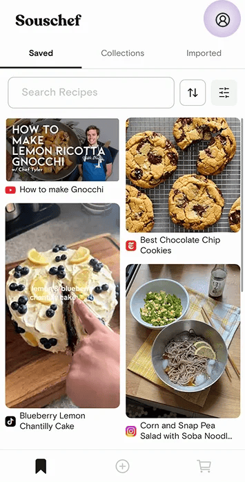 Saved recipes screen with the account profile icon in the top right