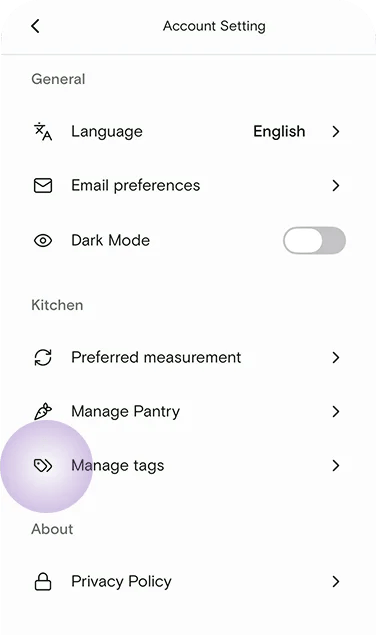 Account settings with Manage tags highlighted under Kitchen