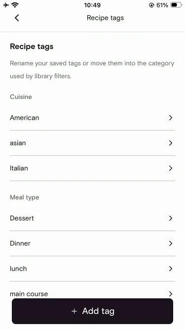 Recipe tags screen listing Cuisine and Meal type tags