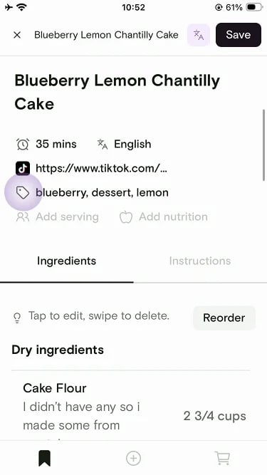 Recipe detail with the tags row highlighted showing blueberry, dessert, and lemon