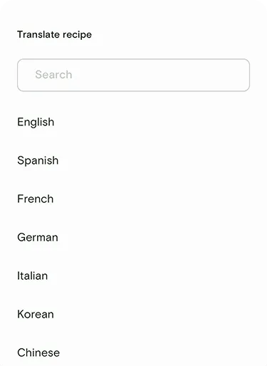 Translate recipe sheet with a search field and a list of languages to choose from