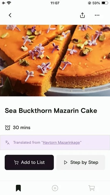 Translated recipe showing a Translated from label that links back to the original recipe