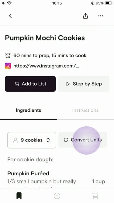 Recipe detail with the Convert Units button highlighted on the Ingredients tab
