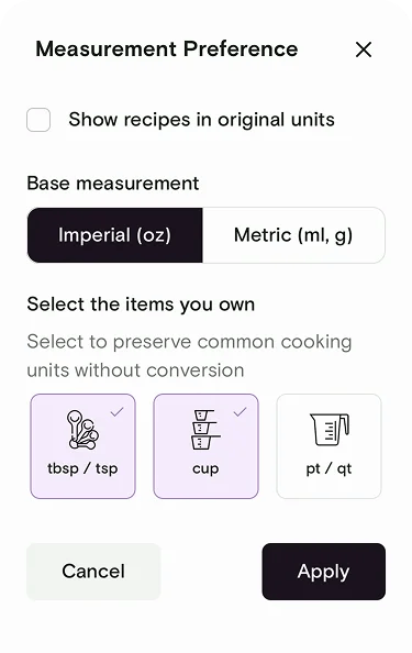 Measurement Preference sheet with Imperial selected and tbsp/tsp and cup tools selected