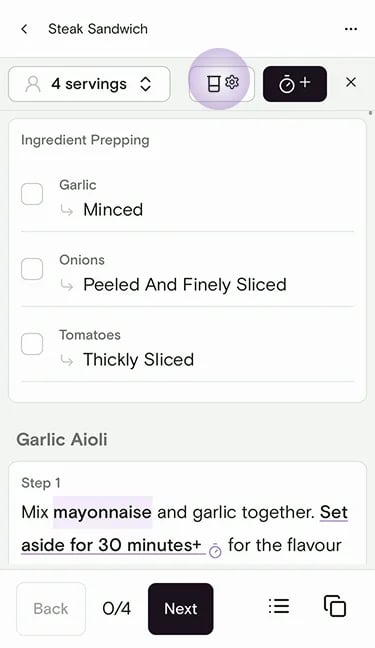Cooking Mode with the convert units button highlighted