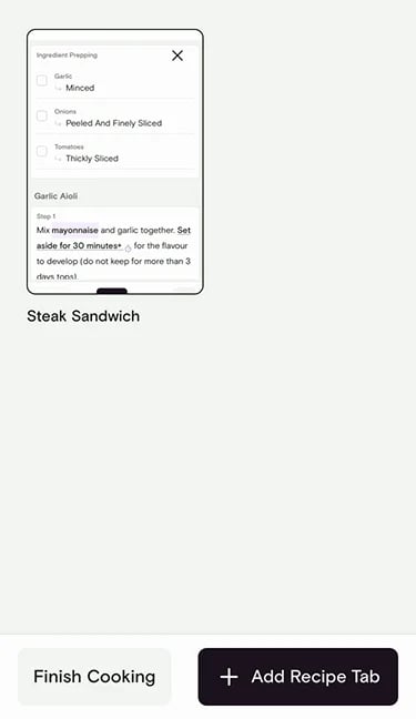 Cooking Mode multi-recipe view with Finish Cooking and Add Recipe Tab buttons