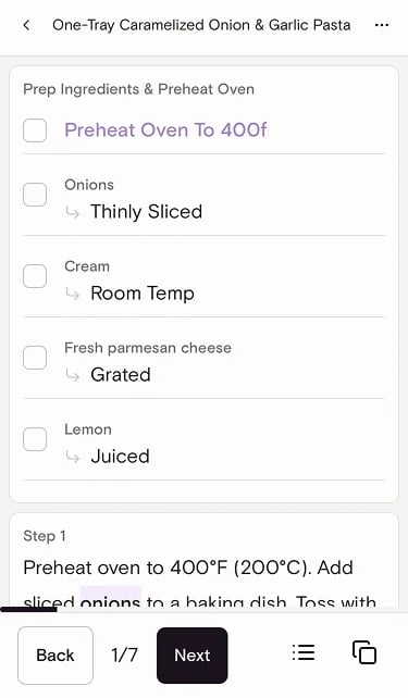 Cooking Mode showing the Prep Ingredients and Preheat Oven checklist with tasks like thinly sliced onions and grated parmesan