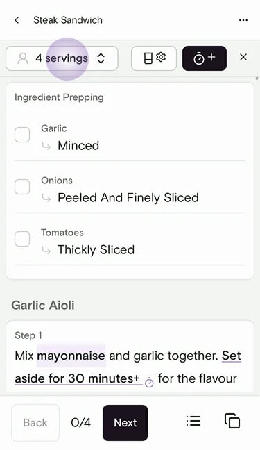Cooking Mode with the servings button highlighted