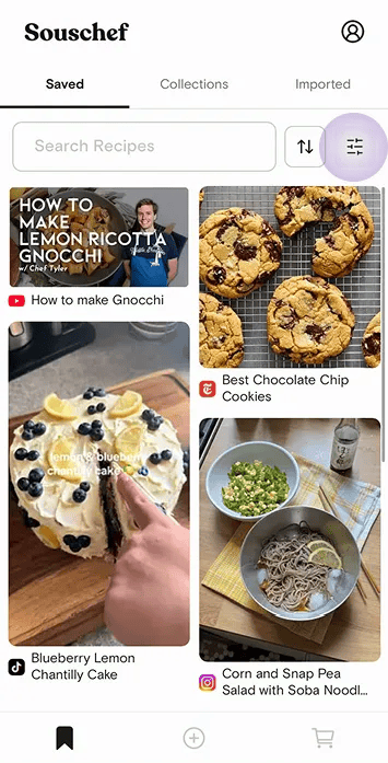 Saved recipes screen with the filter button highlighted next to the search bar