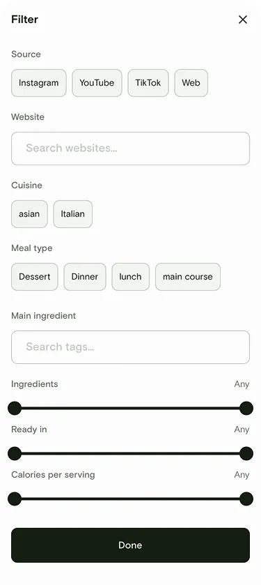 Filter drawer showing tag categories for narrowing the recipe library