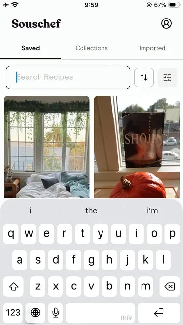 Saved recipes screen with the Search Recipes bar focused and the keyboard open