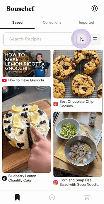 Saved recipes screen with the sort button highlighted next to the search bar