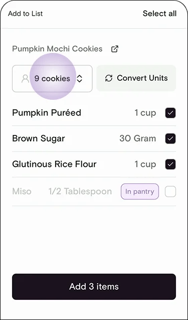 Add to List sheet with Miso marked In pantry and excluded from the shopping list