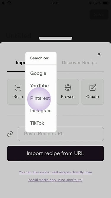 Souschef import screen with the Pinterest explorer highlighted
