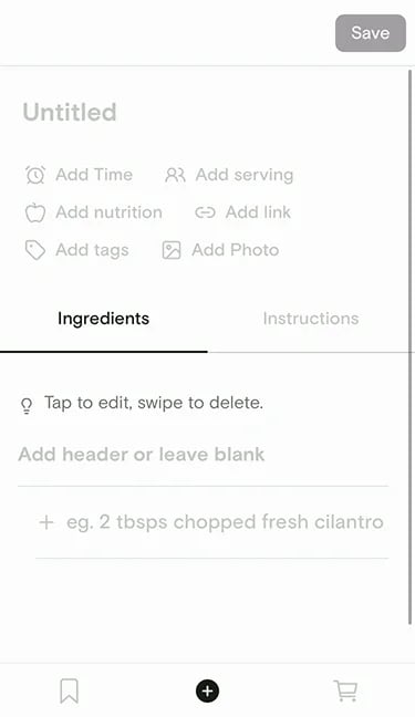 Blank recipe editor with fields for title, time, servings, ingredients, and instructions