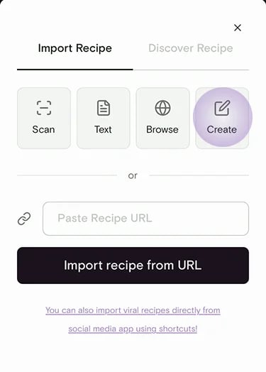 Import Recipe screen with the Create option highlighted