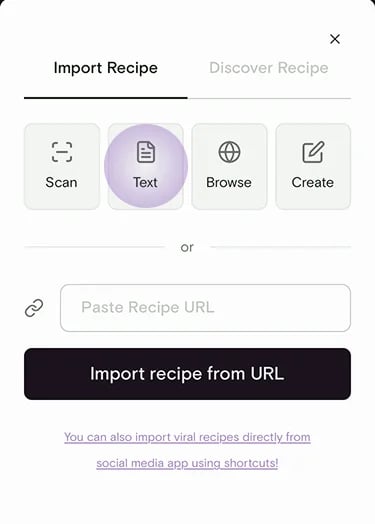 Import Recipe screen with the Text option highlighted