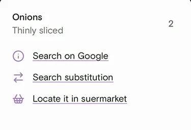 Ingredient detail sheet for onions with Search on Google, Search substitution, and Locate it in supermarket