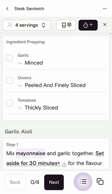 Cooking Mode with the ingredients list button highlighted