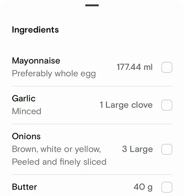Ingredients sheet listing mayonnaise, garlic, onions, and butter with quantities and checkboxes