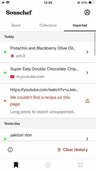 Imported Recipes tab showing successful and failed import attempts grouped by day