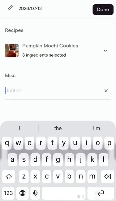 Editing the shopping list with a Misc item field ready to type
