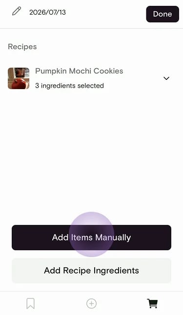 Edit shopping list with Add Items Manually highlighted