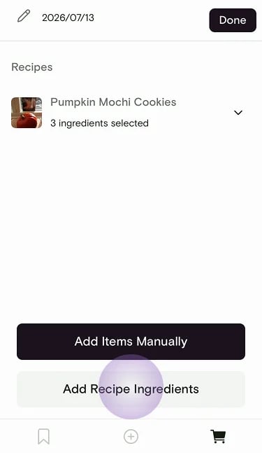 Edit shopping list with Add Recipe Ingredients highlighted