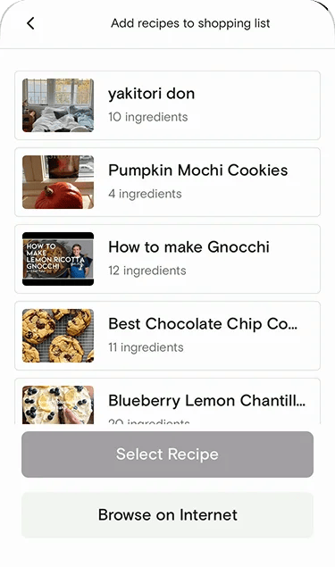 Add recipes to shopping list sheet showing saved recipes