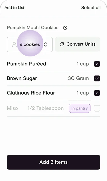 Add to List sheet with servings highlighted and ingredients selected