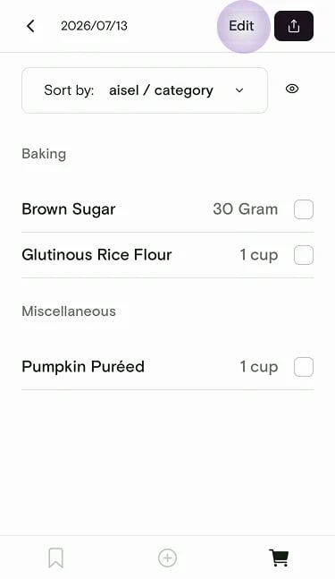 Shopping list with the Edit button highlighted