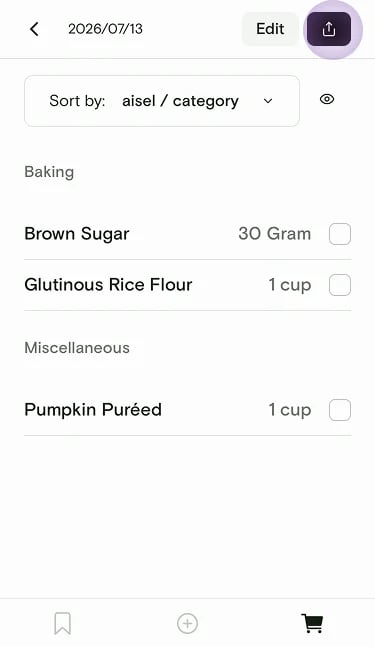 Shopping list with the Share button highlighted