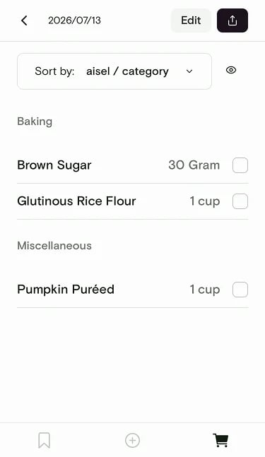 Shopping list sorted by aisle with Baking and Miscellaneous sections