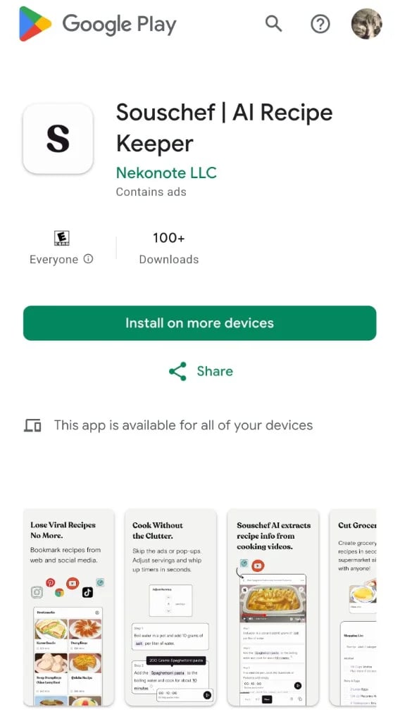 Souschef Google Play listing for Android phones and tablets