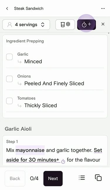 Cooking Mode with the add timer button highlighted