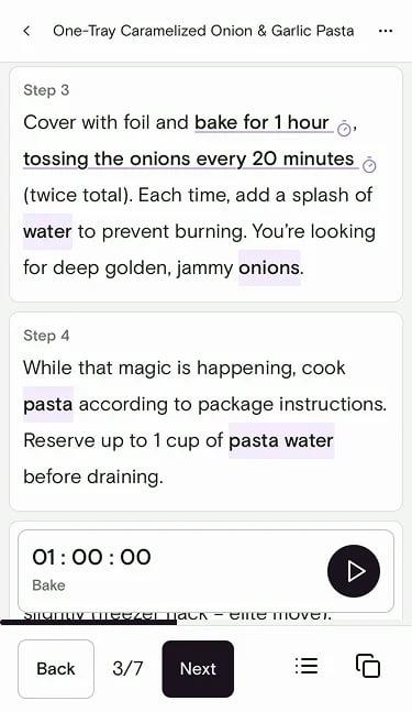 Cooking Mode with a one-hour Bake timer ready to start and a play button