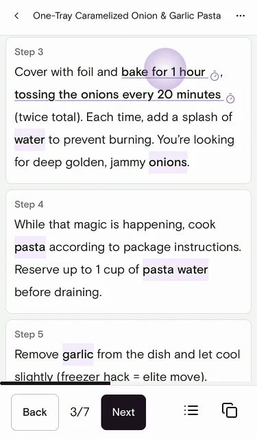 Cooking Mode step with bake for 1 hour highlighted as a tappable timer