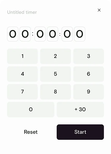 Untitled timer sheet with time display, numeric keypad, Reset, and Start
