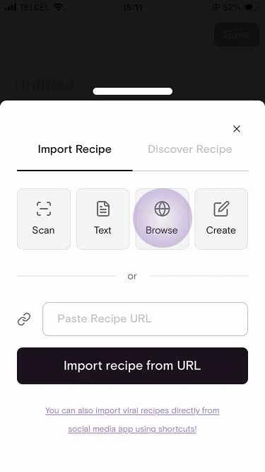 Import Recipe screen with the Browse button highlighted
