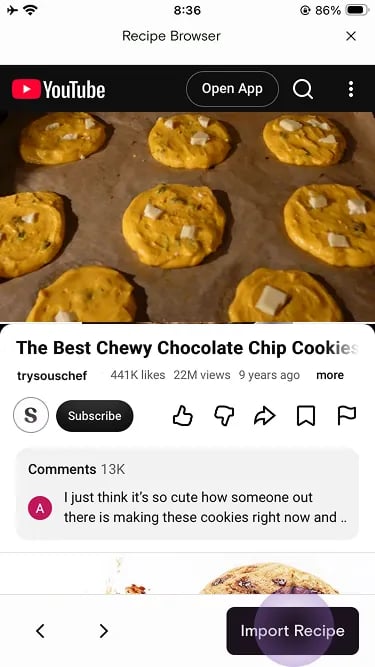Recipe Browser on a YouTube recipe video with Import Recipe highlighted