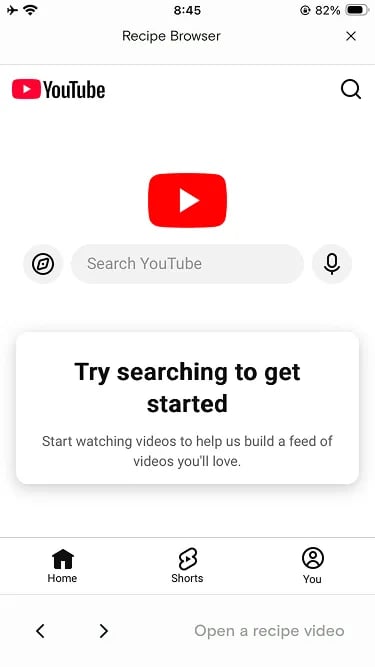 Recipe Browser showing the YouTube search screen
