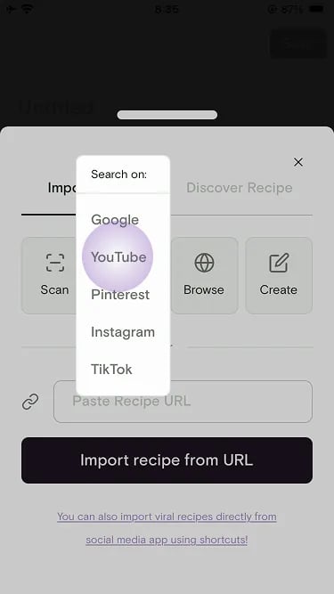 Search on menu with YouTube highlighted