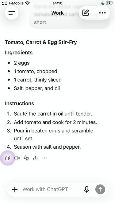 ChatGPT recipe response with ingredients and instructions