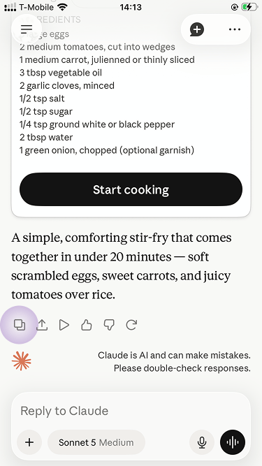 Claude recipe response with ingredients and instructions