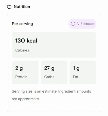 Nutrition panel showing calories, protein, carbs, and fat labeled as AI Estimate
