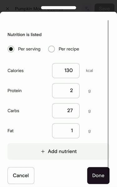 Nutrition editor with per serving values for calories, protein, carbs, and fat