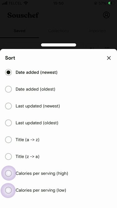 Sort menu with Calories per serving high and low options