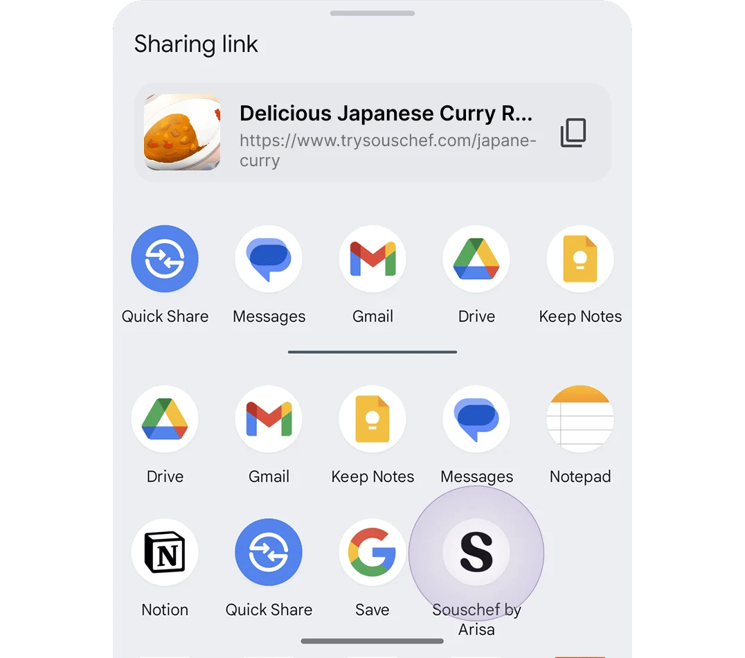 Android share sheet with Souschef highlighted in the app list